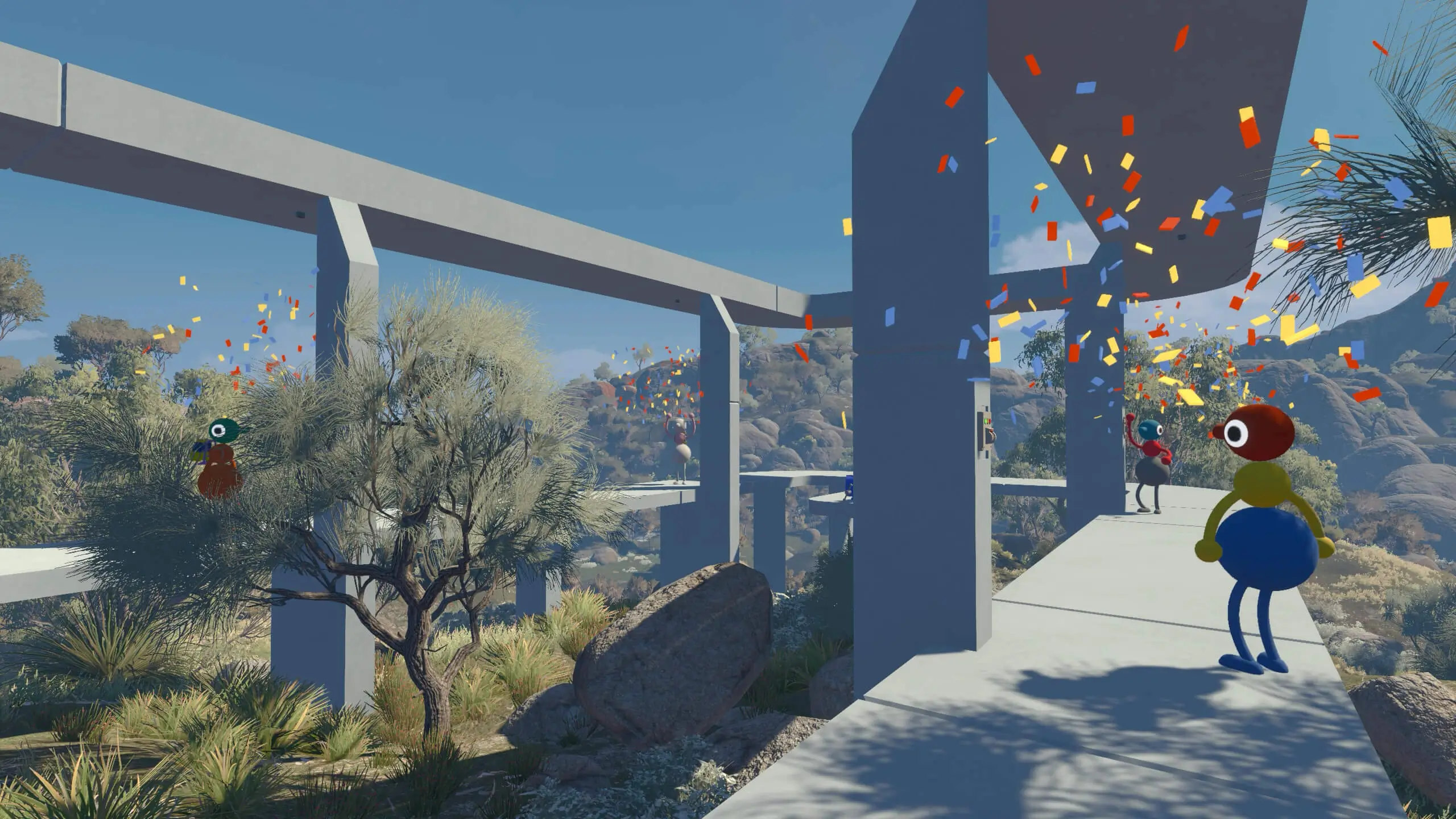 Big Walk characters standing on concrete platforms as colorful confetti falls around them.