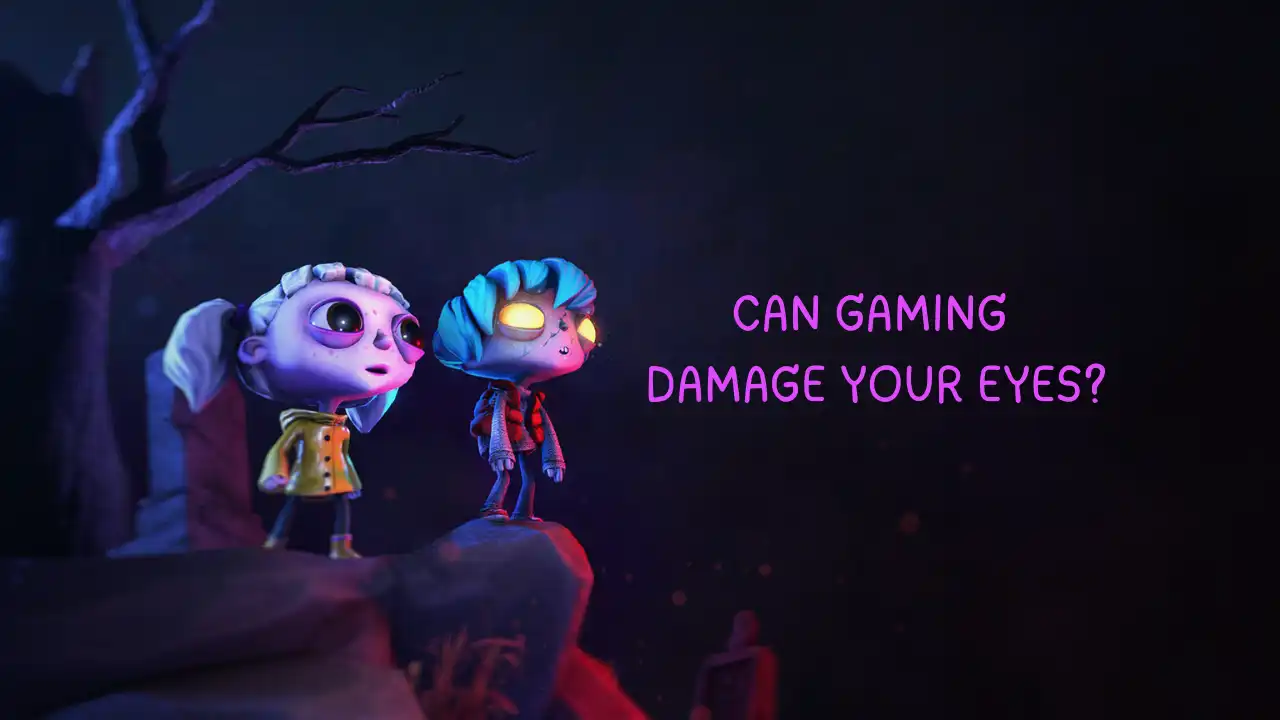 Stylized video game characters with large glowing eyes beside the text “Can Gaming Damage Your Eyes?”