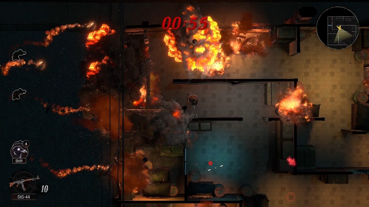Cohen 1939 top-down combat scene with multiple explosions and fire spreading through an interior area.