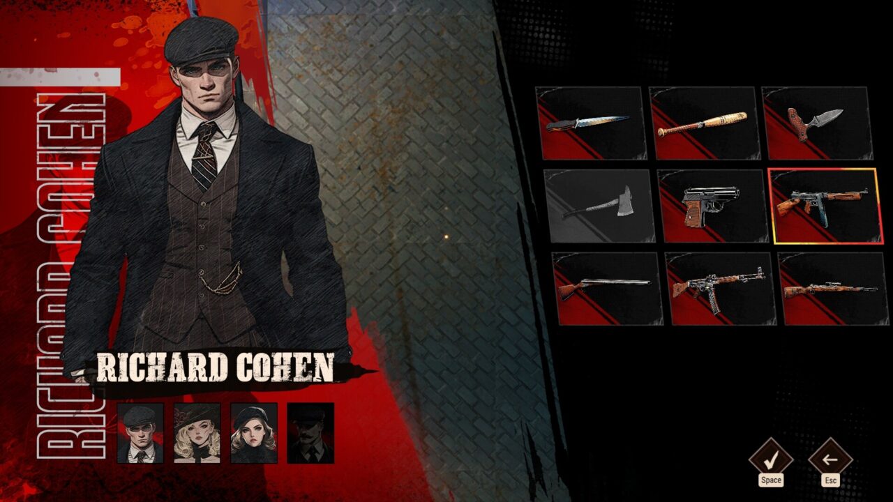 Cohen 1939 character and weapon selection screen showing Richard Cohen beside a grid of melee weapons and firearms.
