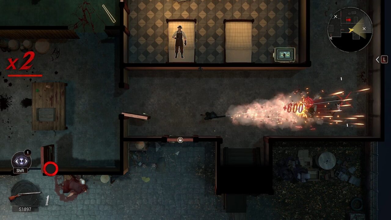 Cohen 1939 top-down combat scene showing a close-range gunfight inside a building.