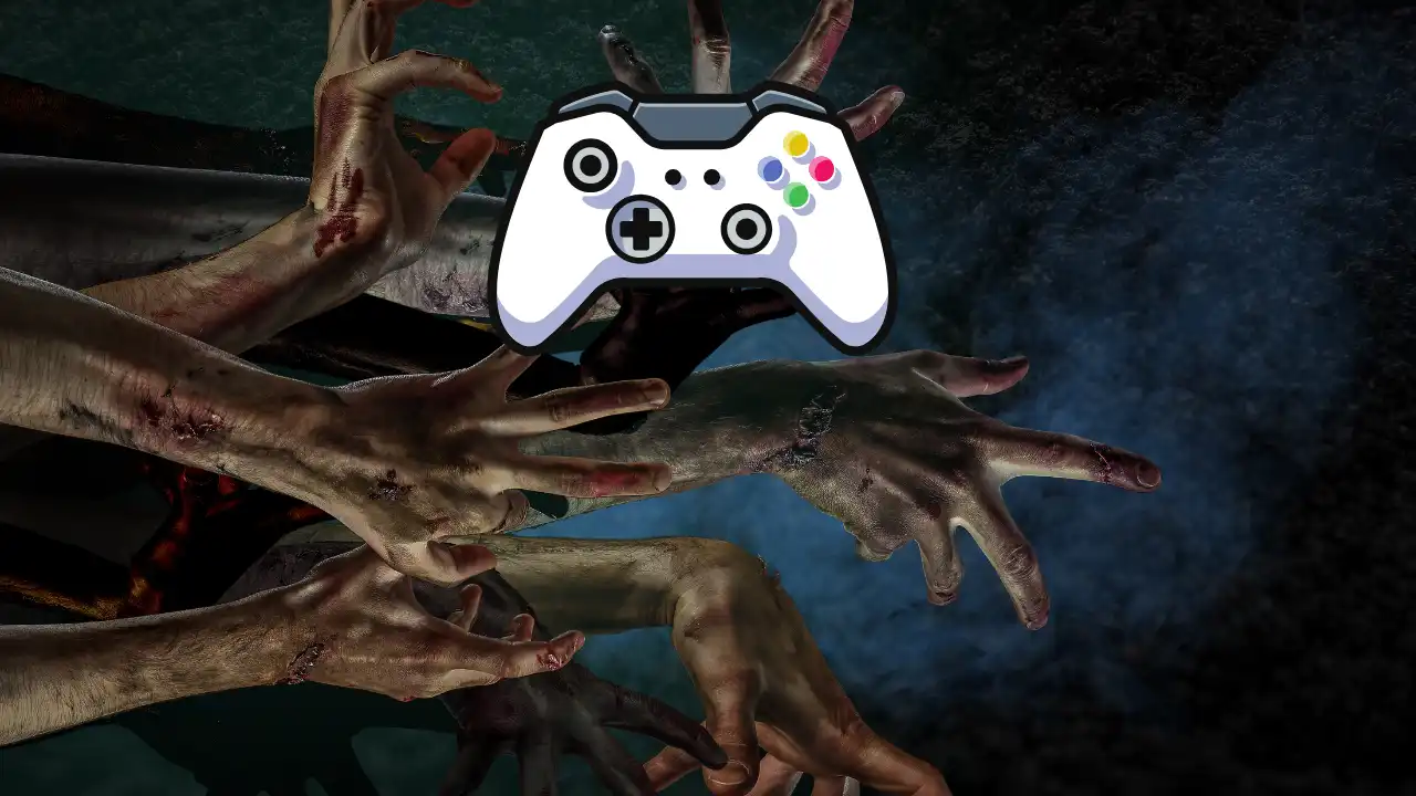Zombie hands reaching toward a game controller in an editorial graphic for the Dead Rising 2 Case Zero and Case West PC recomp projects.