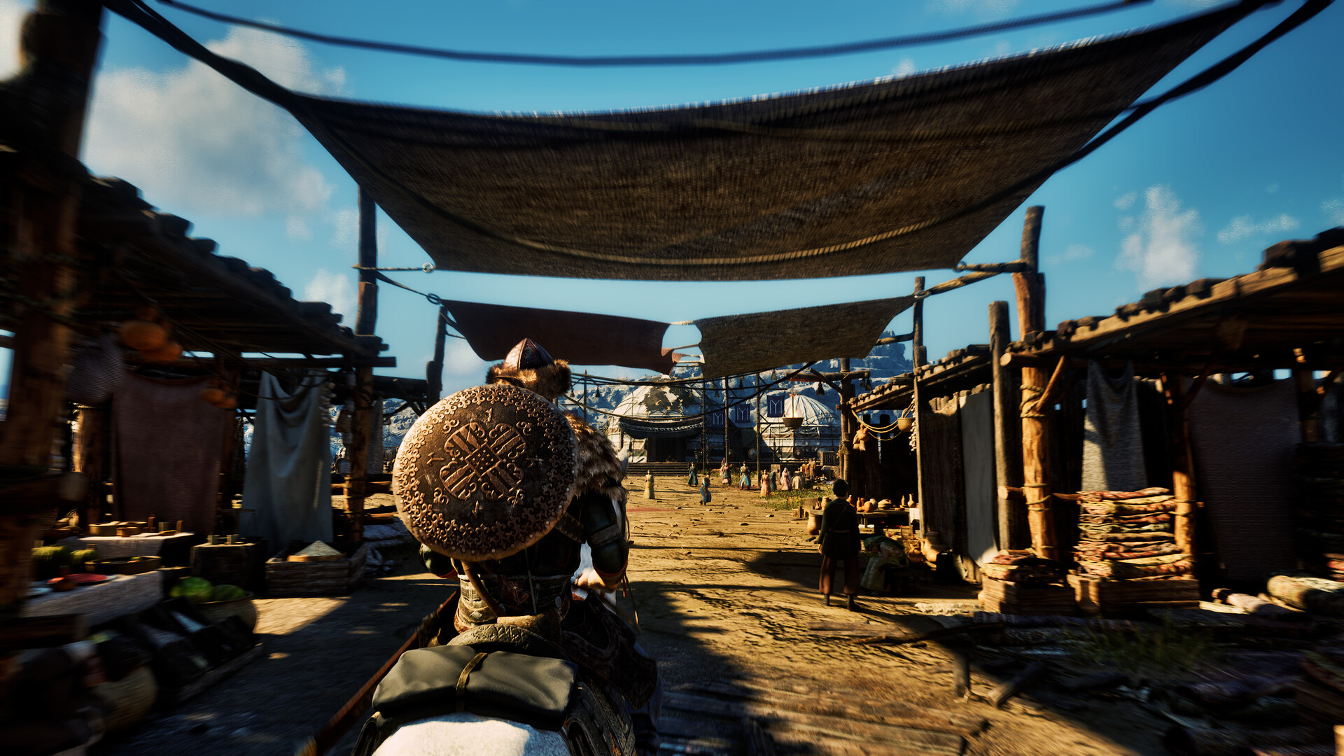 Ertugrul of Ulukayin gameplay showing a warrior riding a horse through a medieval marketplace.