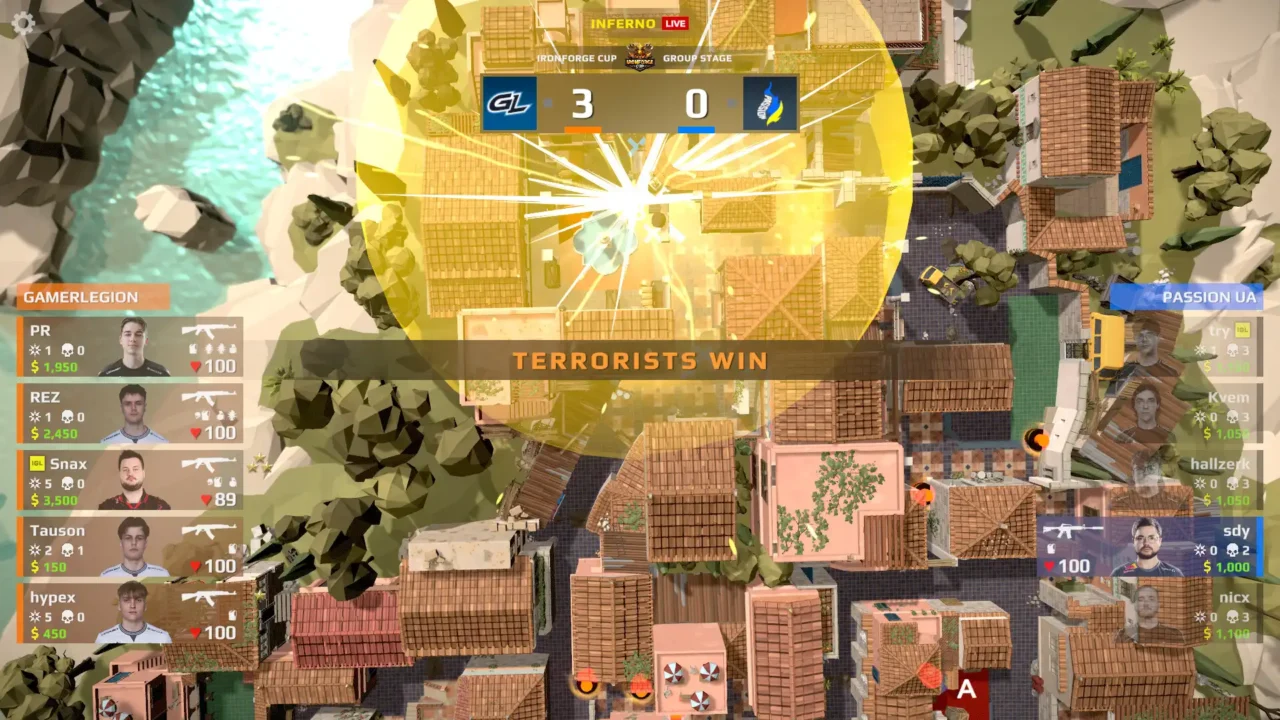 An Esports Manager 2026 match simulation showing a top-down arena, team rosters, and a 3–0 score.