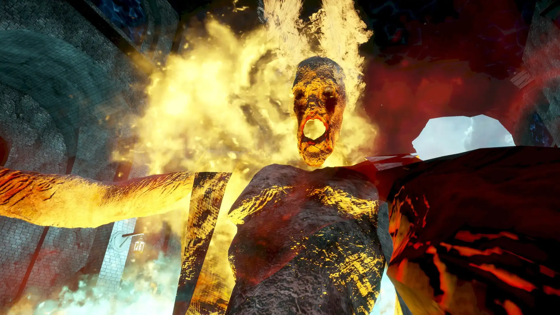 False Hero gameplay showing a burning humanoid enemy surrounded by flames