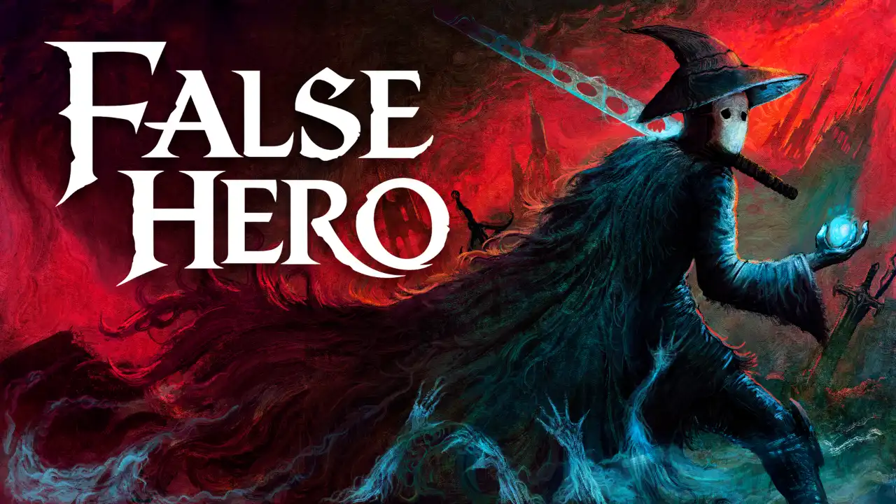 False Hero key art showing the masked protagonist holding a glowing blue orb against a red and black background