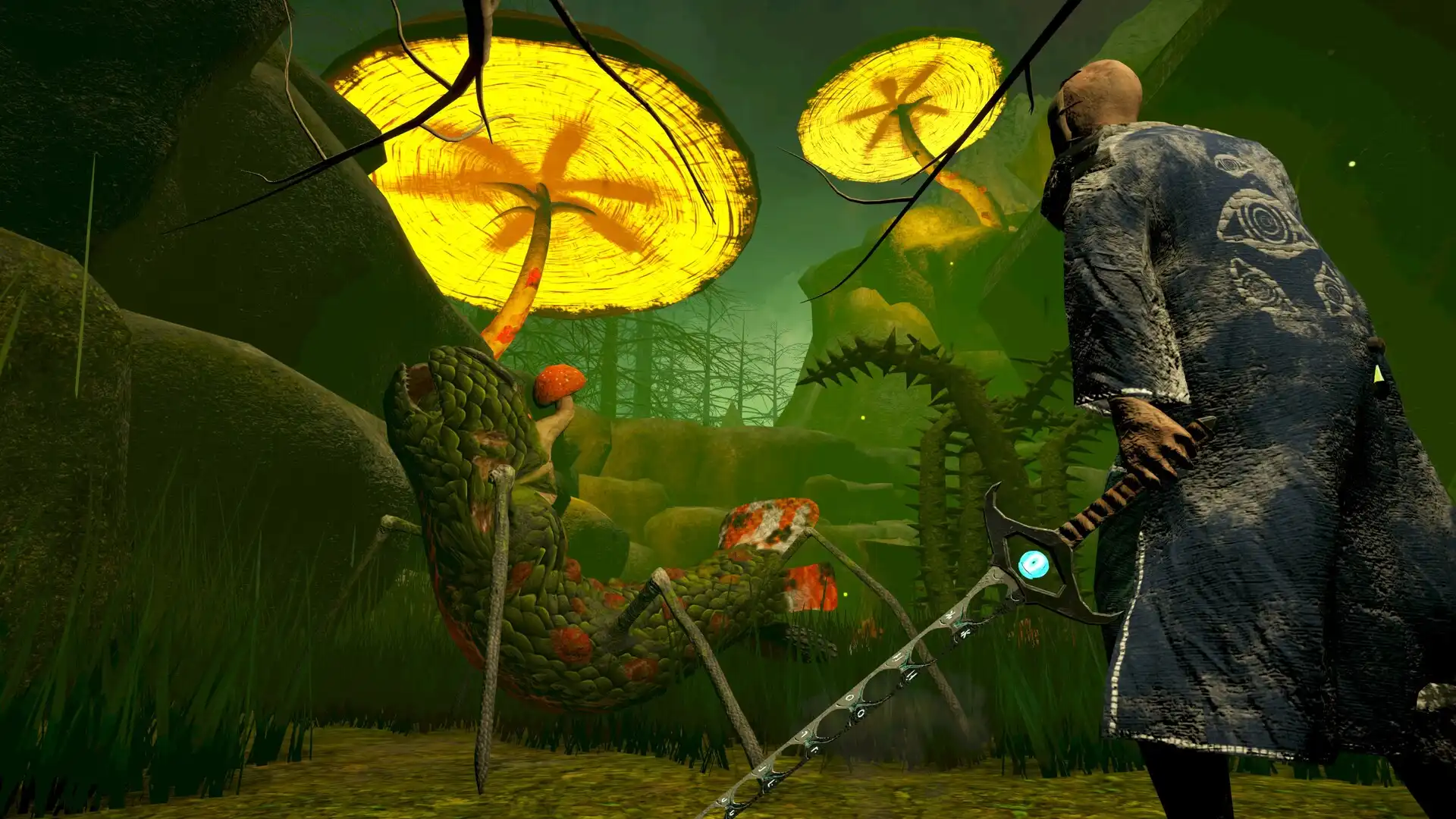 False Hero gameplay showing the player in a green forest with giant glowing mushrooms and a creature nearby