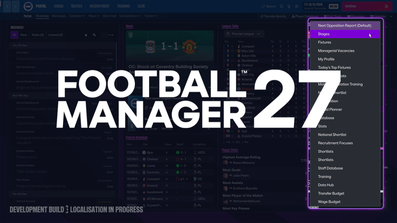 Football Manager 27 interface showing the Portal screen, competition navigation, league table and club information.