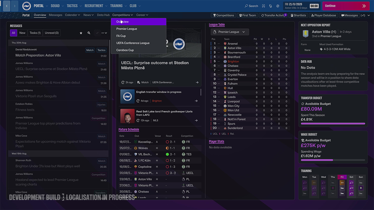 Football Manager 27 development build showing the redesigned navigation menu over the Portal interface.