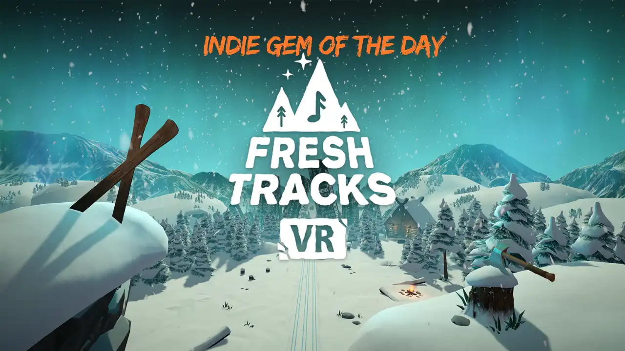 Fresh Tracks VR snowy mountain artwork with Indie Gem of the Day title