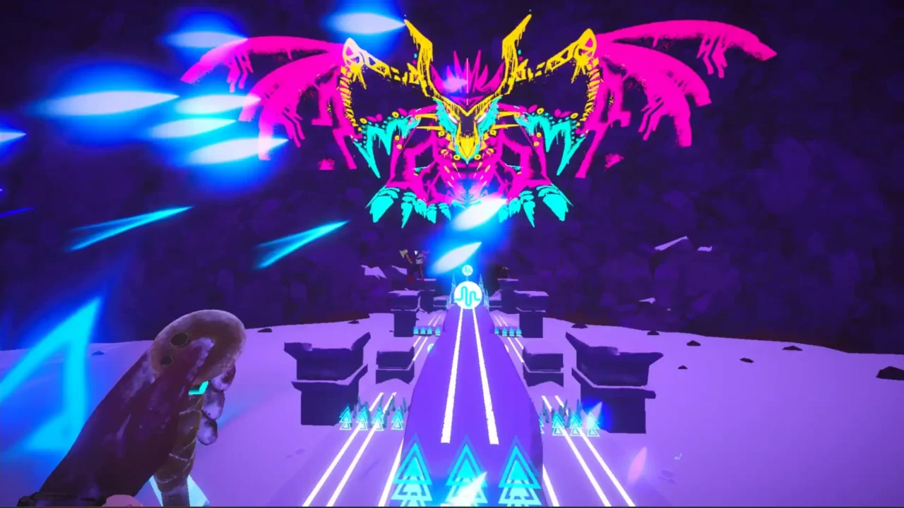 Fresh Tracks VR gameplay showing a neon creature above a rhythm track