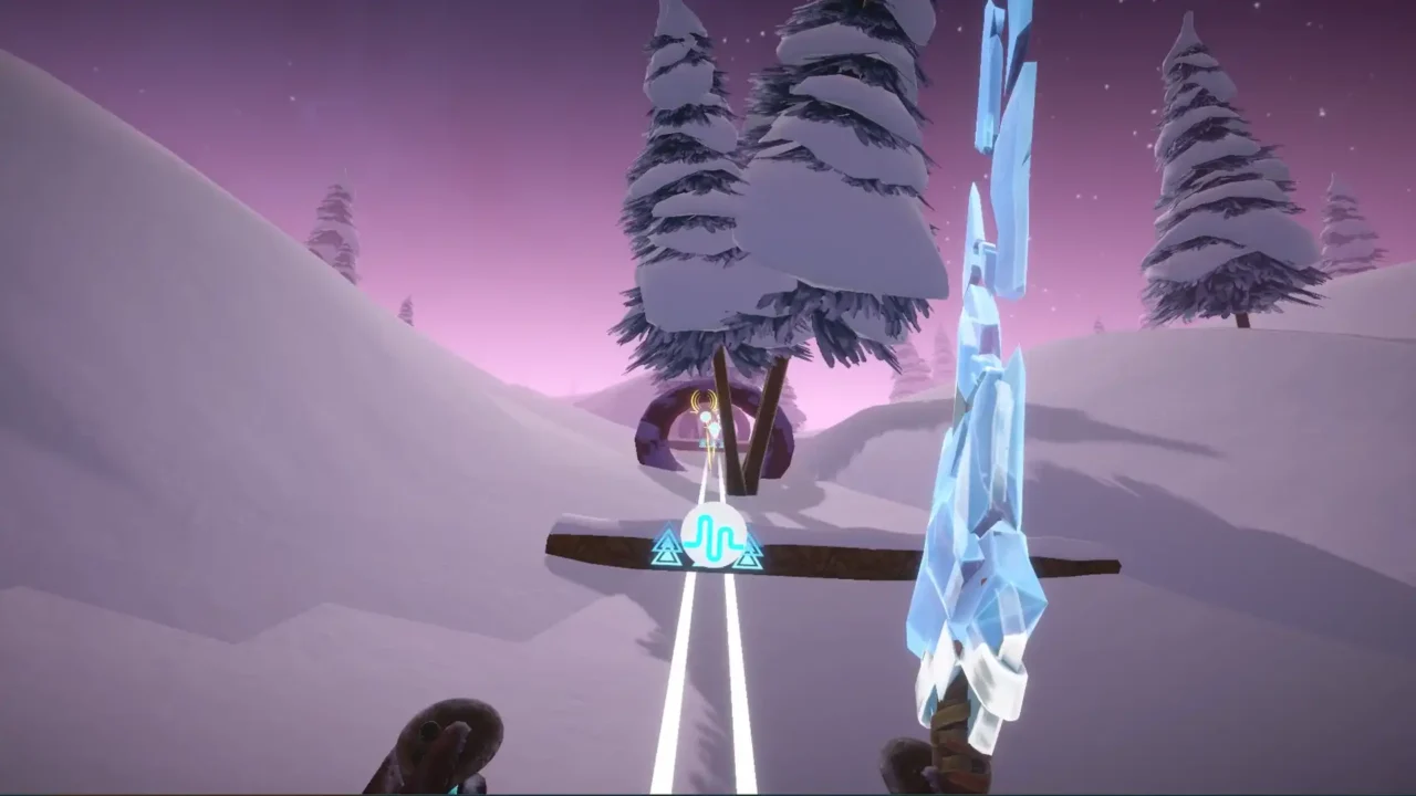 Fresh Tracks VR first-person gameplay on a snowy trail with an ice weapon
