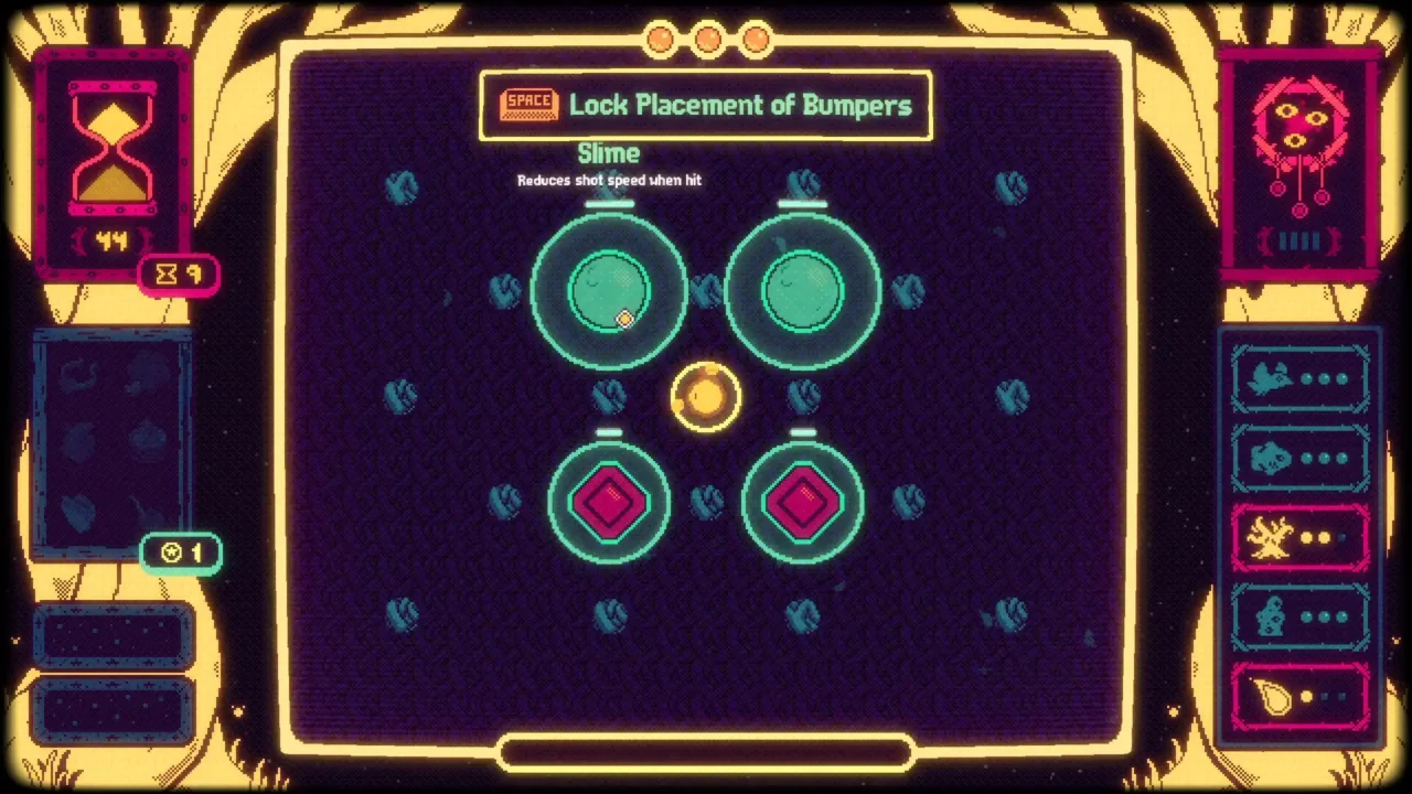 Fugue Shot gameplay screen showing four bumpers and a Slime effect that reduces shot speed
