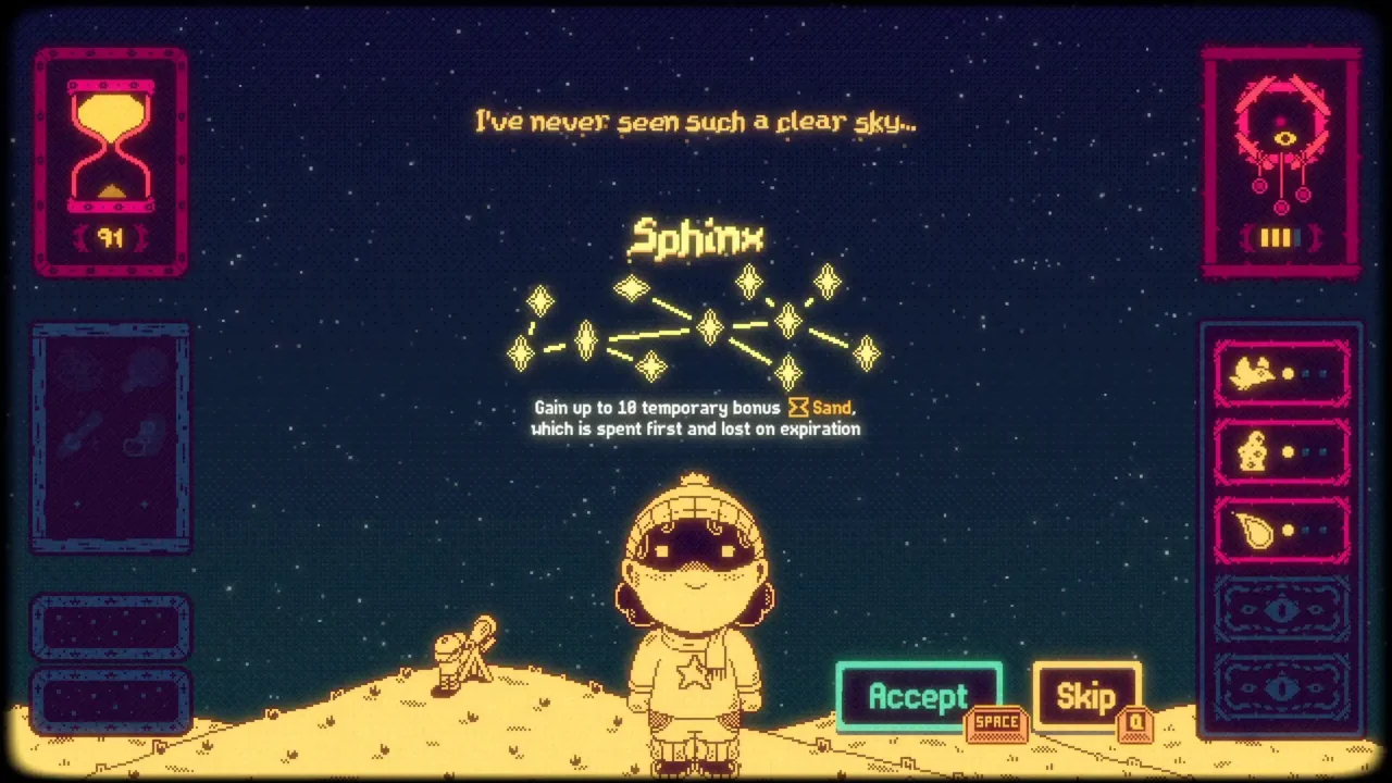 Fugue Shot screen showing the Sphinx option and temporary bonus Sand