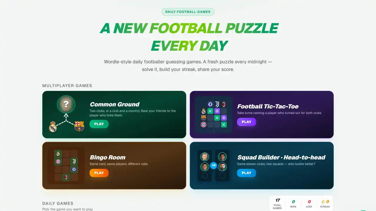 Futbolle homepage showing daily football games and multiplayer head-to-head modes