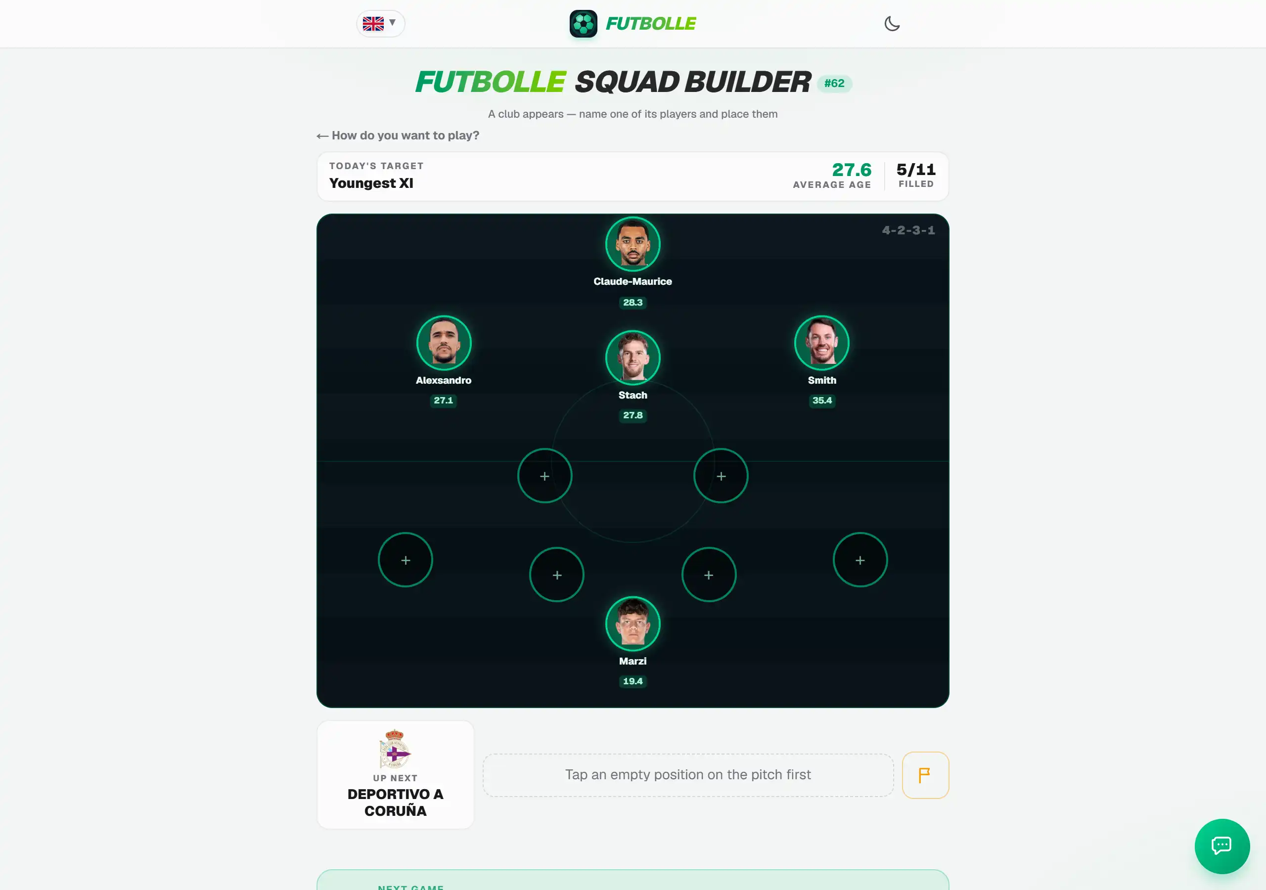 Futbolle Squad Builder puzzle showing players arranged in a football formation
