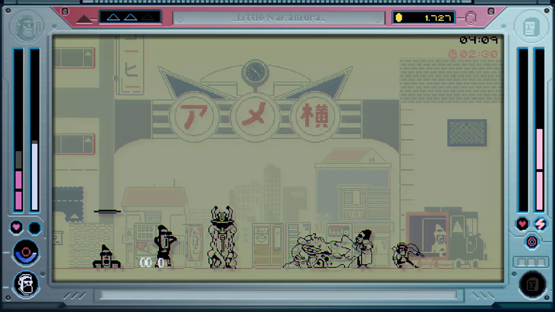 Future Knight gameplay showing characters and enemies in a retro-futuristic city street inside the LCD-style interface.
