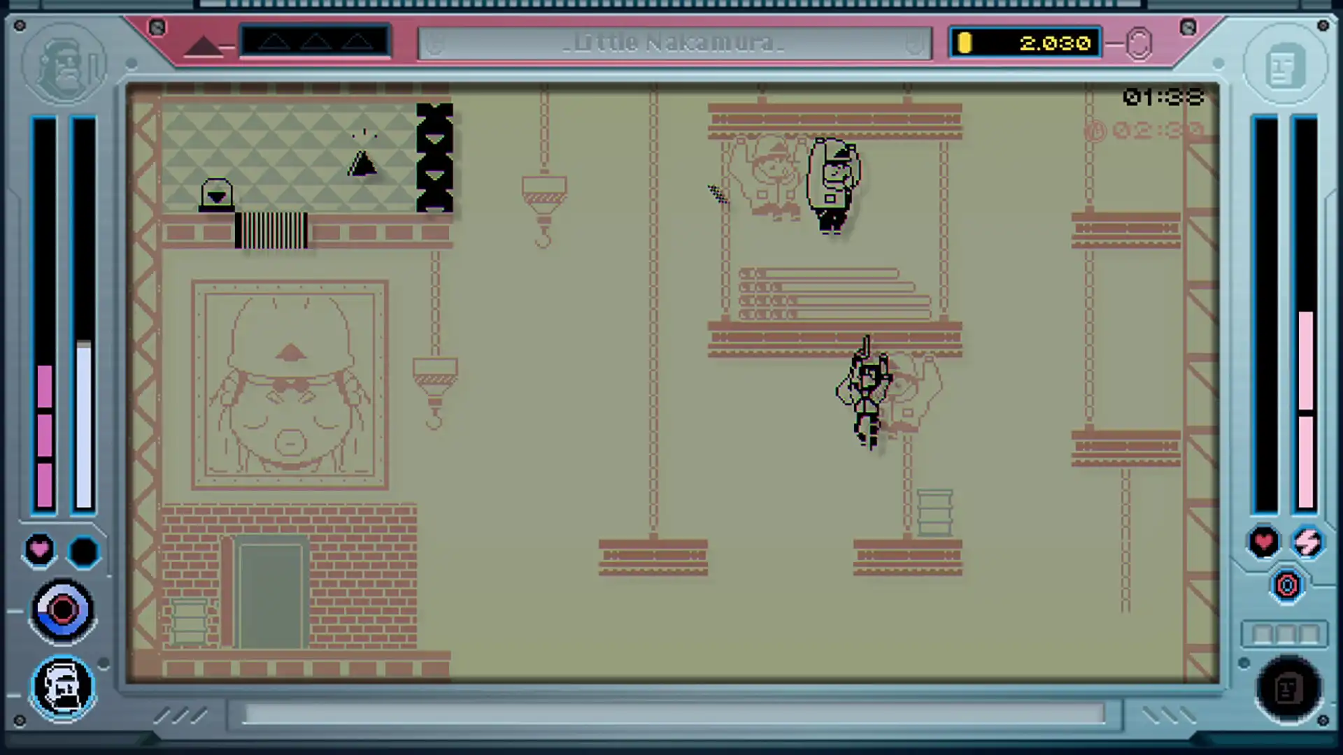 Future Knight gameplay showing the character moving through an industrial platforming section inside the LCD-style interface.
