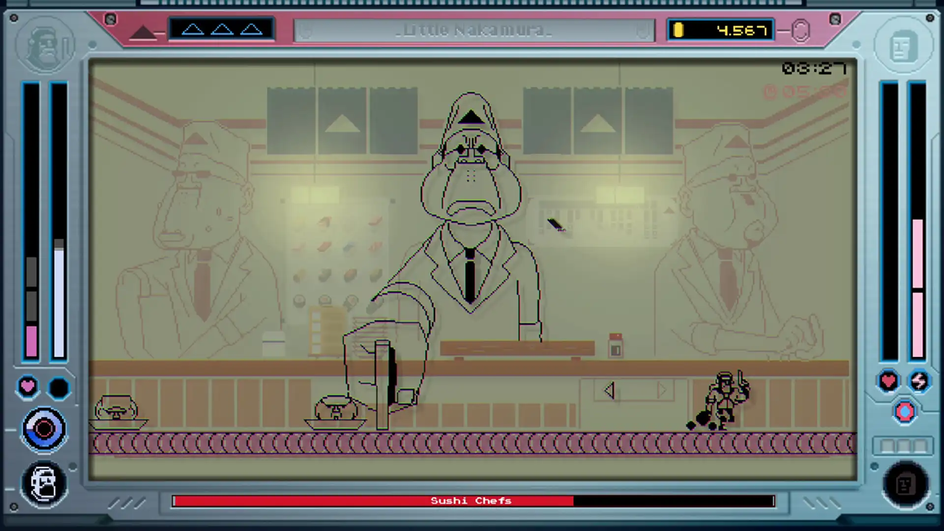 Future Knight gameplay showing the Sushi Chefs boss encounter on a conveyor belt inside the LCD-style interface.