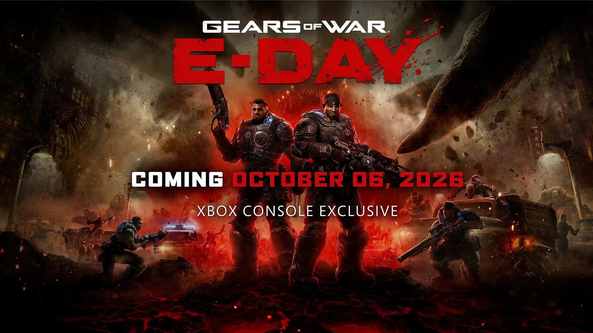 Gears of War: E-Day artwork showing Marcus Fenix and Dominic Santiago surrounded by Locust forces.