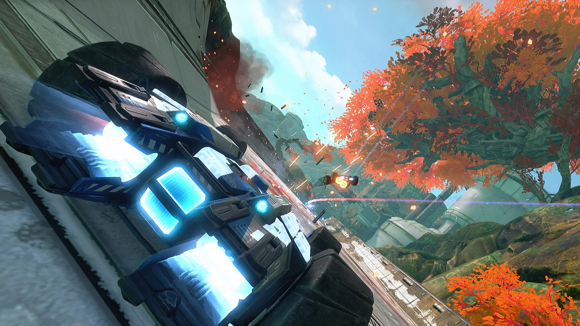 GRIP gameplay showing a futuristic racing vehicle speeding through a track lined with red-orange trees