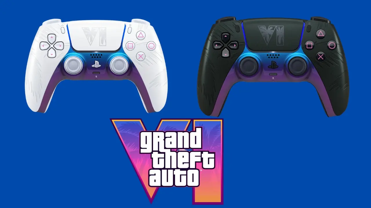 GTA VI limited-edition DualSense controllers in white and black above the Grand Theft Auto VI logo