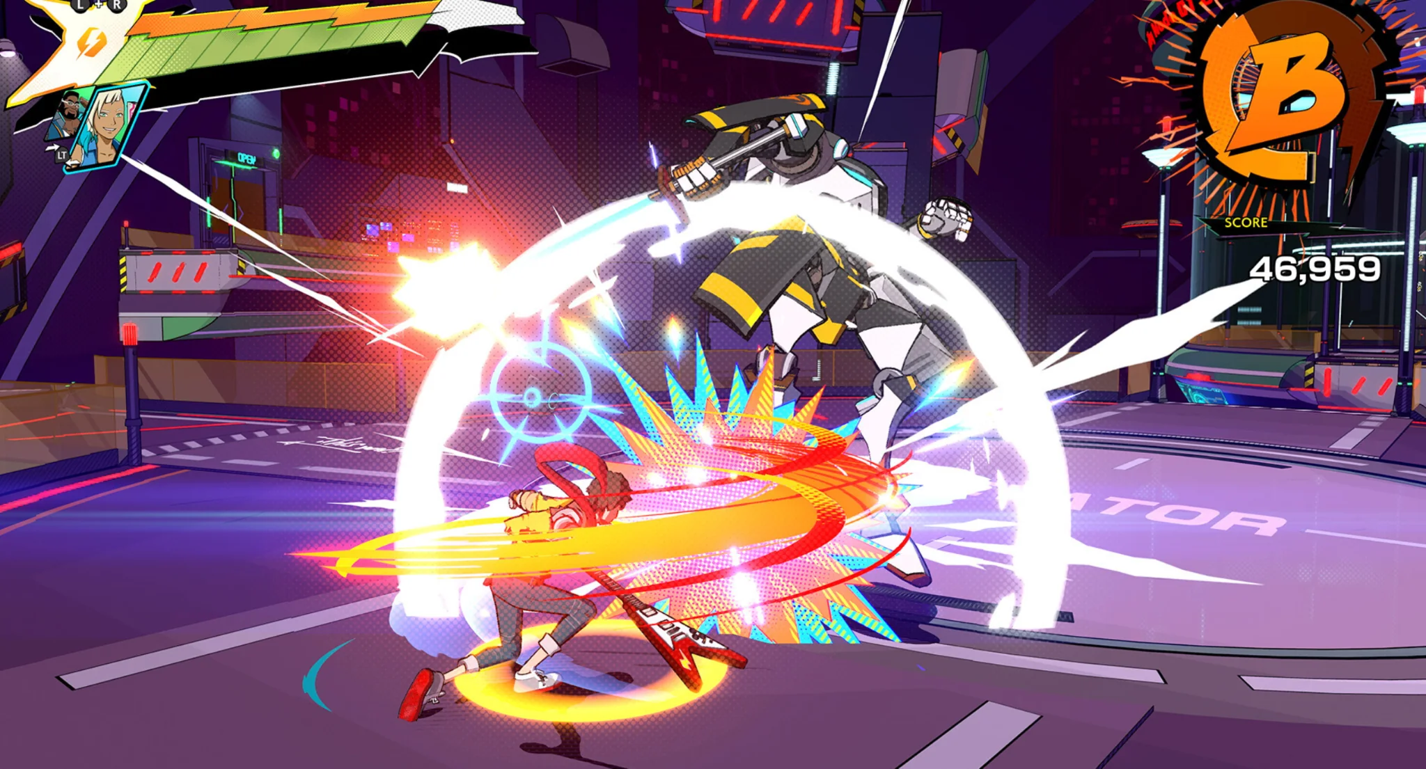 Hi-Fi Rush combat scene with Chai attacking an enemy in a colorful arena