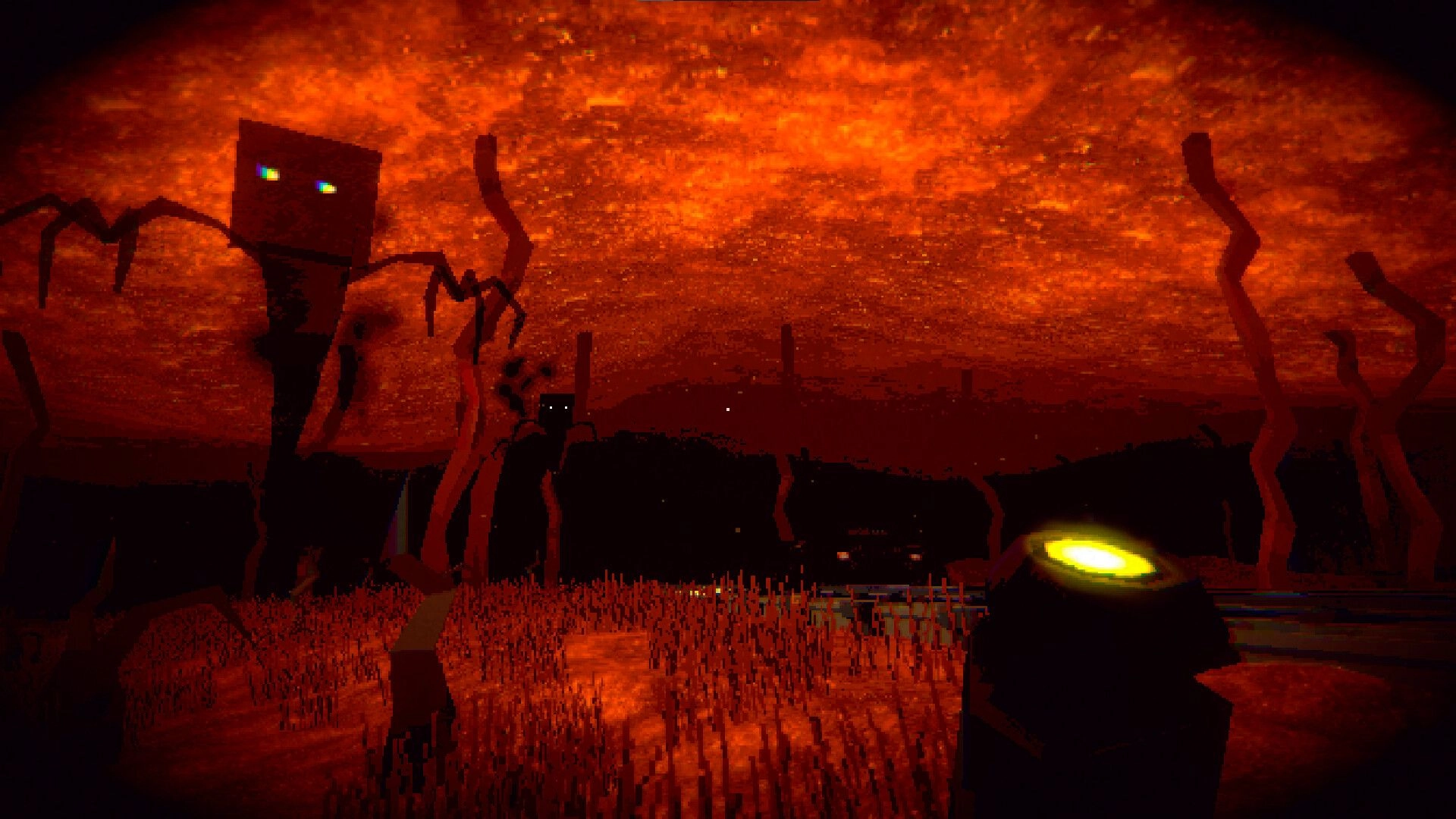 Player facing tall spider-like creatures beneath a fiery red sky in HR: Human Remains.