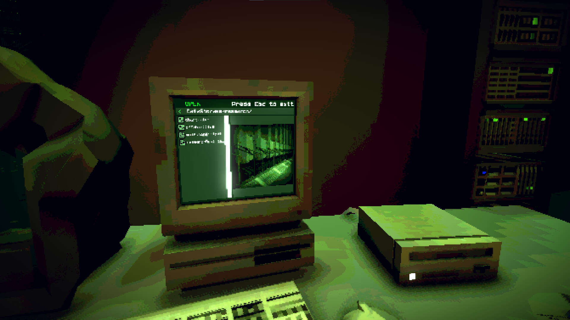 Old CRT computer and server racks glowing green inside an office in HR: Human Remains.