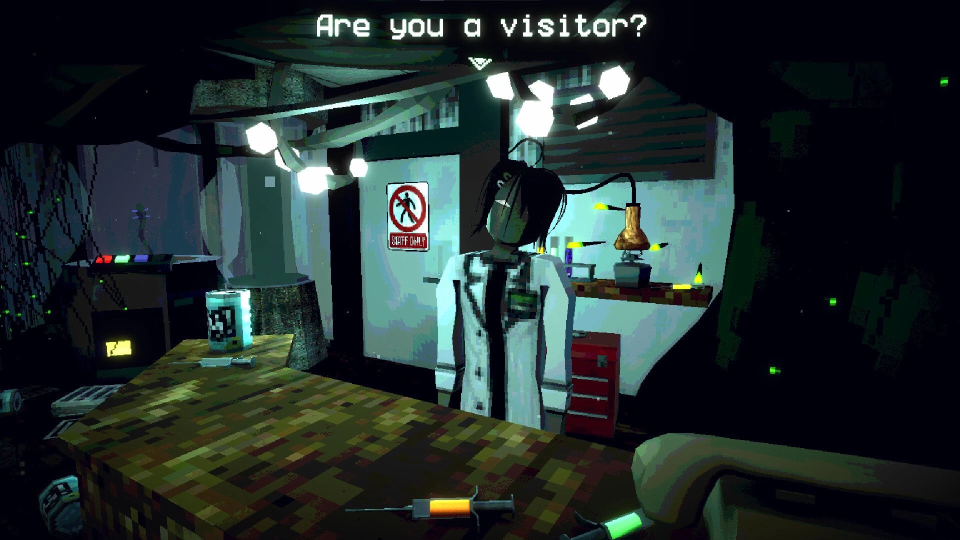 Humanoid demon speaking to the player across an office counter in HR: Human Remains.