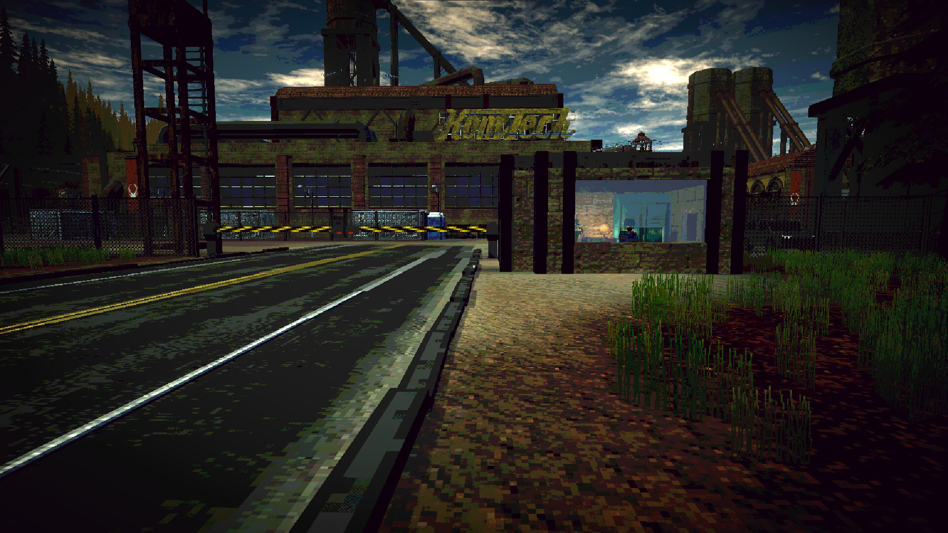 Industrial complex, guarded checkpoint, and roadway in the Reservation area of HR: Human Remains.
