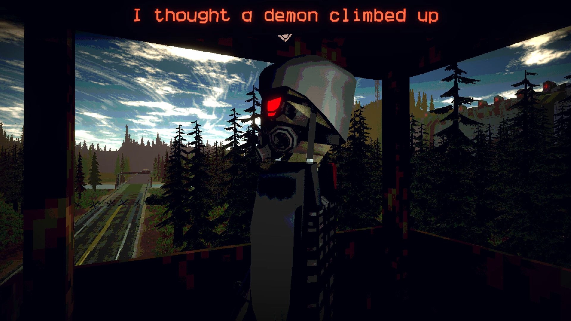 Hooded humanoid figure with a glowing red visor overlooking a forested area in HR: Human Remains.