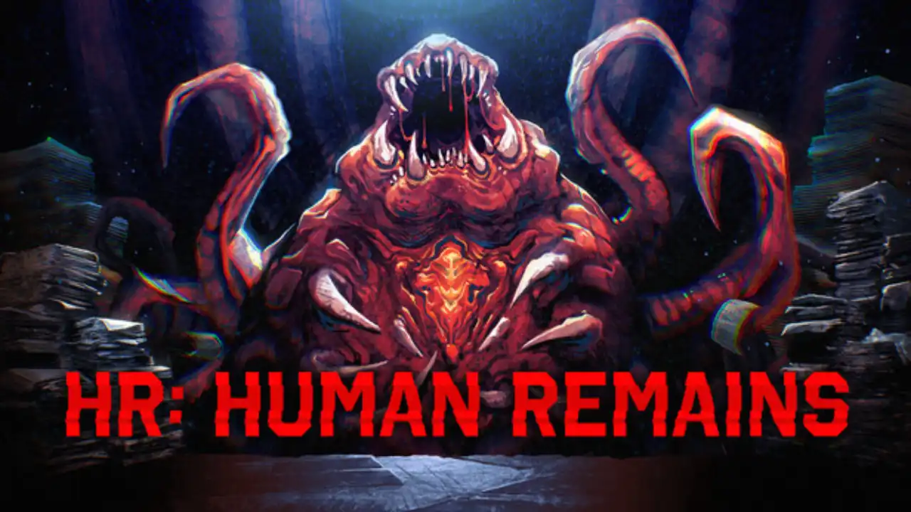 HR: Human Remains artwork showing a massive red demon surrounded by tentacles and stacks of office files.