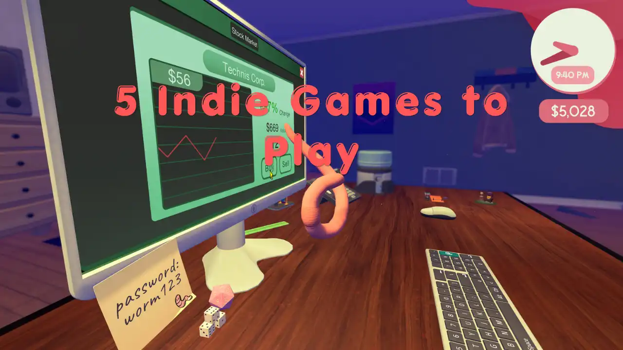 Worming from Home screenshot showing a worm at a computer desk beneath the text “5 Indie Games to Play.