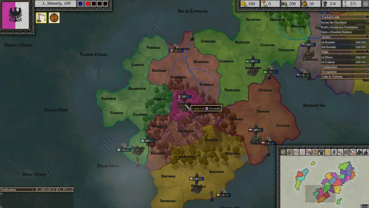 Iron Dice grand strategy map showing a kingdom, neighboring provinces, armies and coastal territory