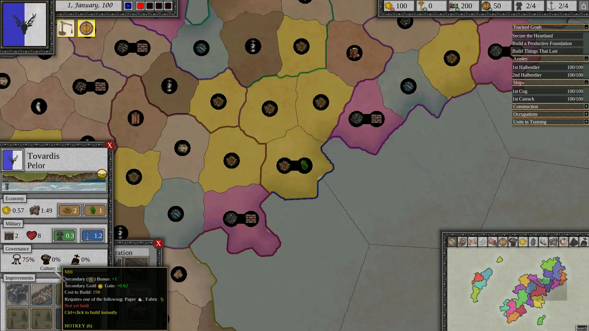 Iron Dice province economy screen showing production, improvements, income and military information