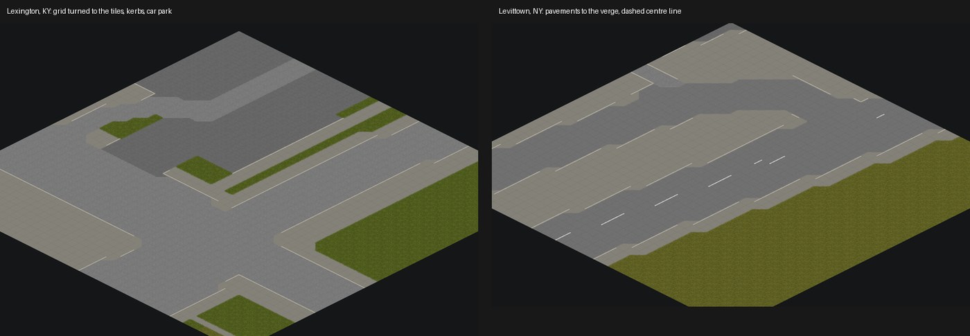 Two isometric KnoxMap road renders showing kerbs, pavements, parking areas, grass, and center lines made with Project Zomboid tiles.