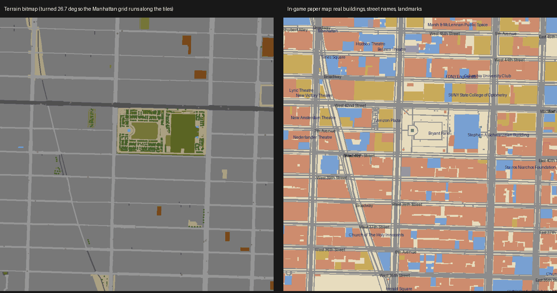 Side-by-side KnoxMap output showing a Midtown Manhattan terrain bitmap and an in-game paper map with streets and landmarks.