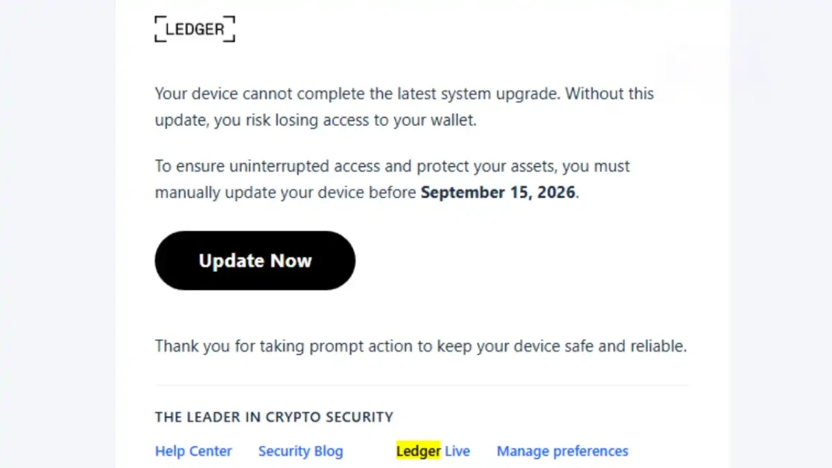 Ledger “Important Update” Phishing Email Returns With September 15 Deadline