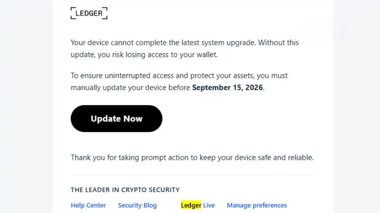 Fake Ledger update email warning that wallet access may be lost without an update before September 15, 2026