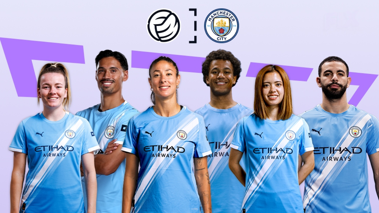 Manchester City and Football Manager partnership artwork featuring players from City's men's and women's teams.