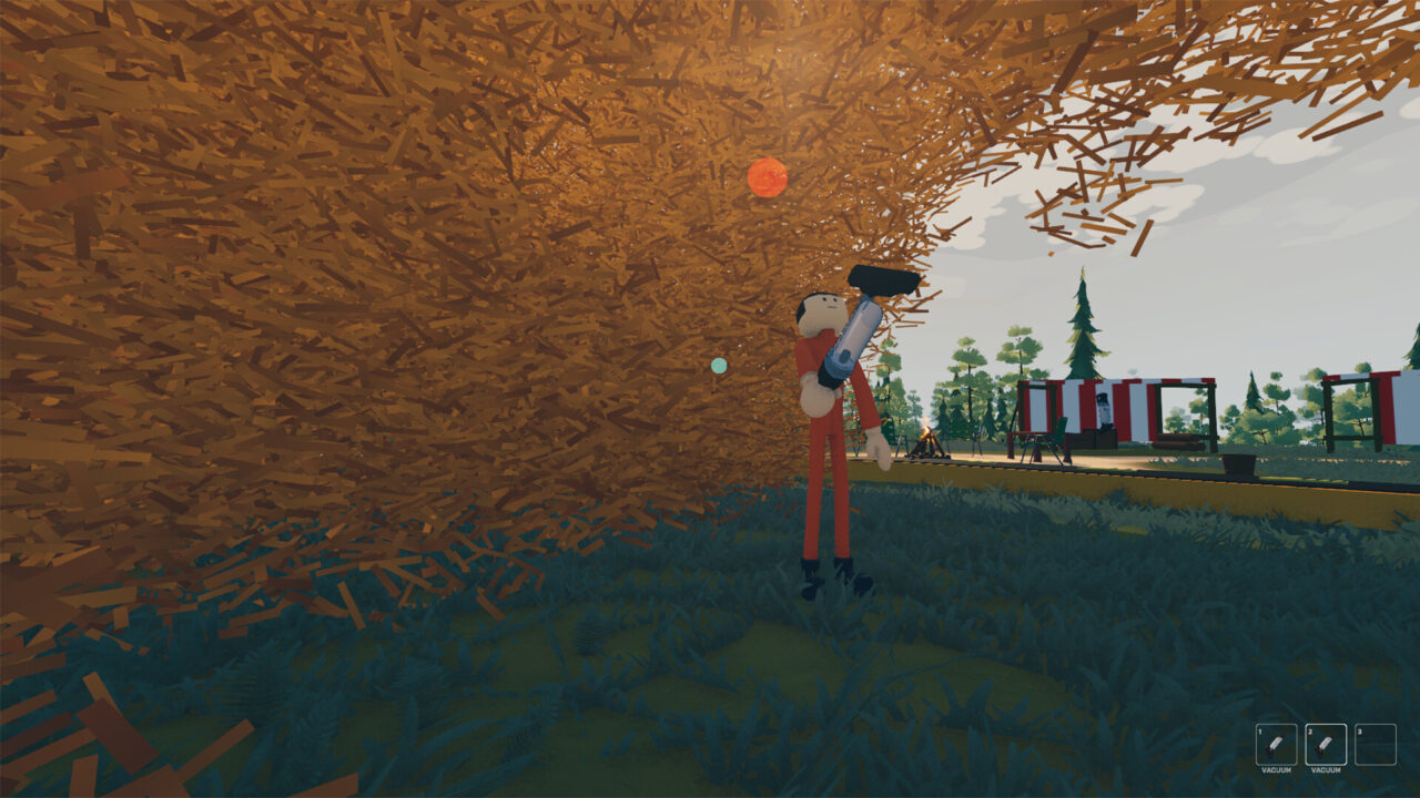 A player uses a large vacuum tool beside the haystack in Needle In A Haystack Simulator.