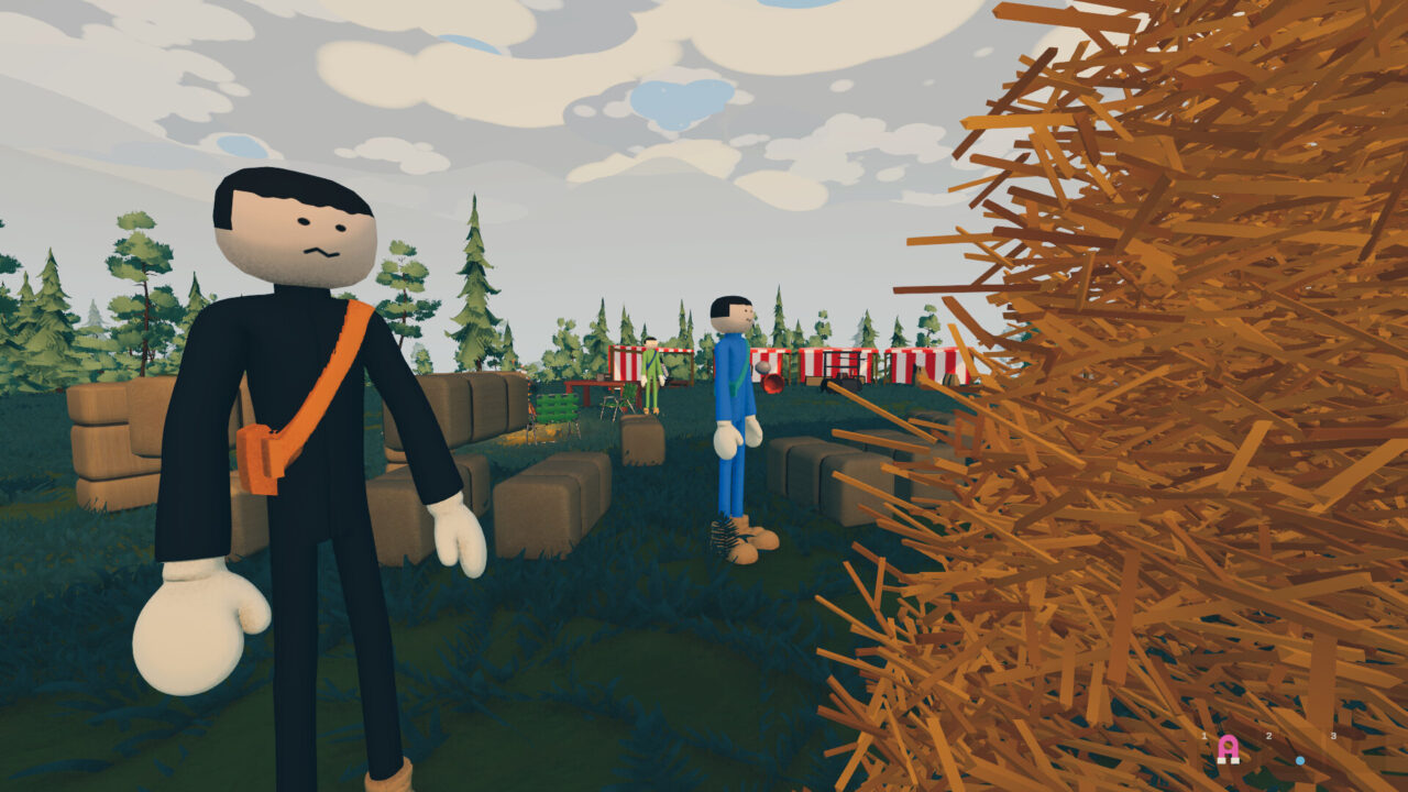 Players stand beside a huge pile of hay in Needle In A Haystack Simulator.