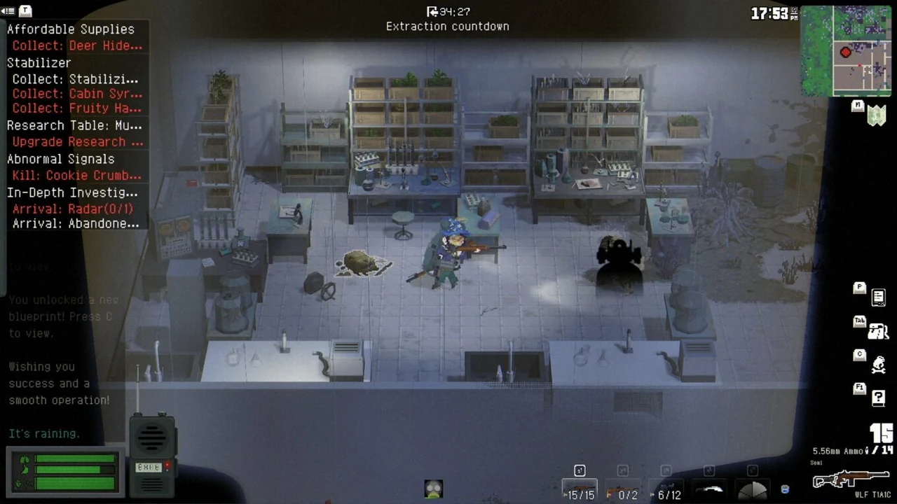 No Such Place gameplay showing a U.R.C. agent fighting inside a laboratory during an extraction countdown.