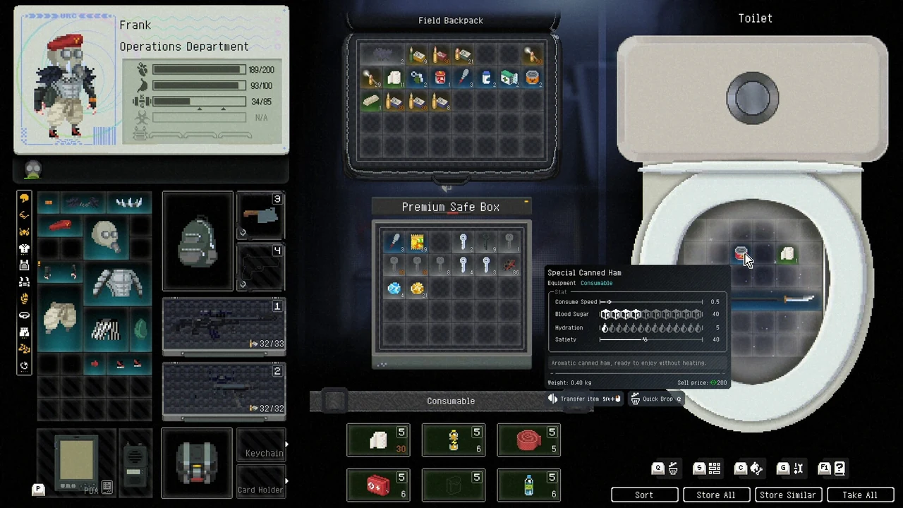 No Such Place inventory screen showing equipment, backpack storage and scavenged loot.