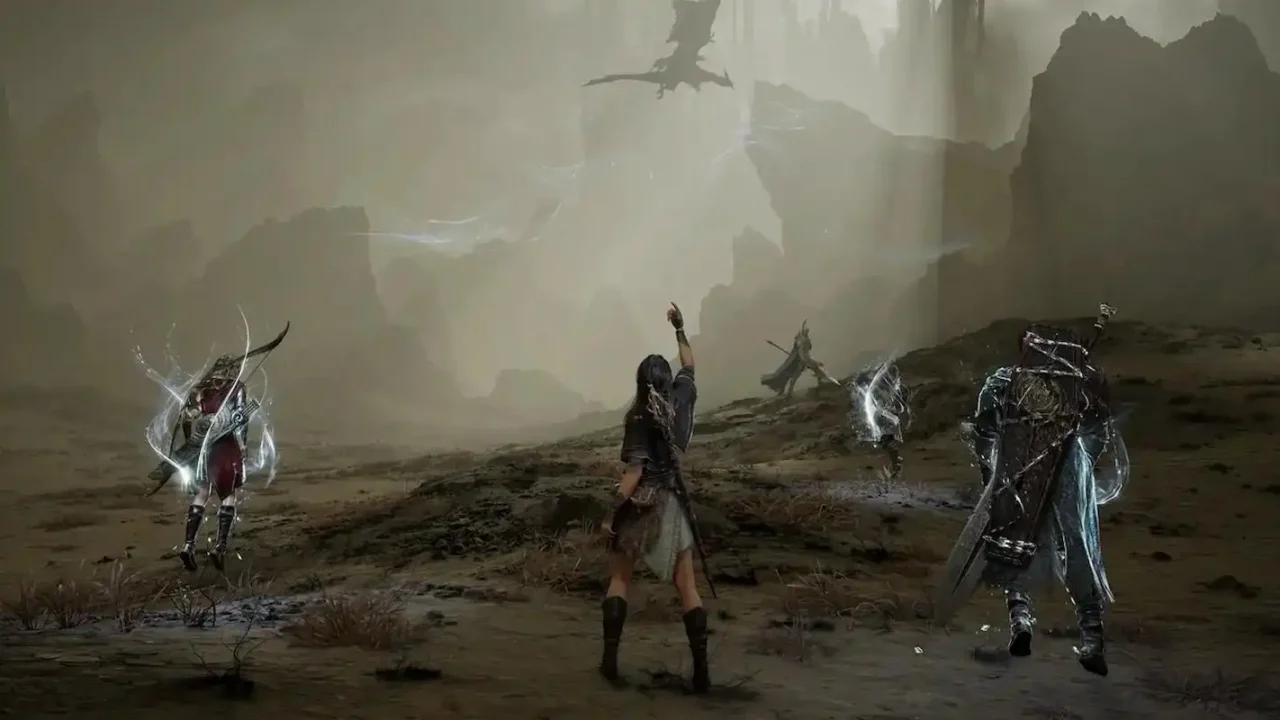 Four Nodusfall characters move through a rocky fantasy landscape while a flying creature circles overhead.