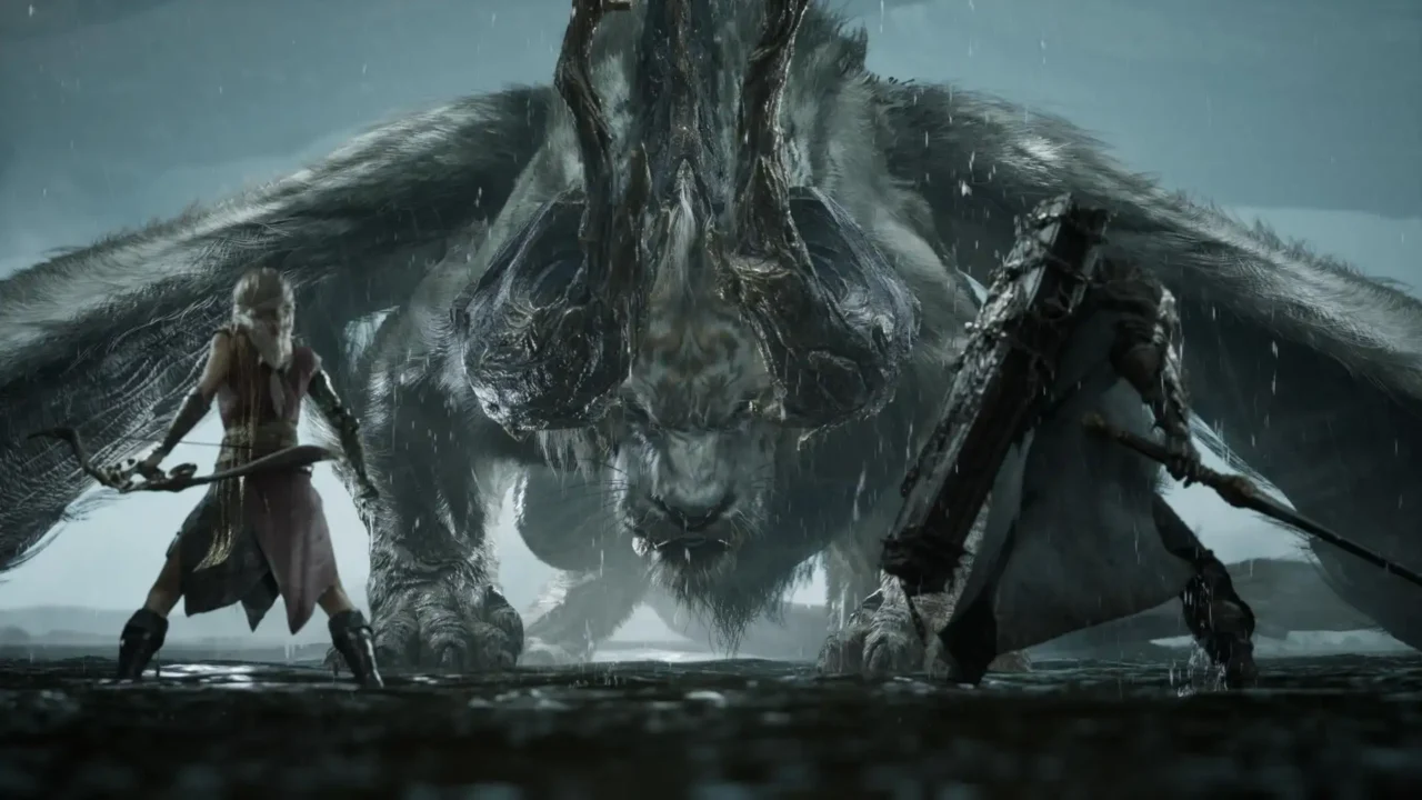 Two Nodusfall characters face a colossal horned beast during a rain-soaked battle.