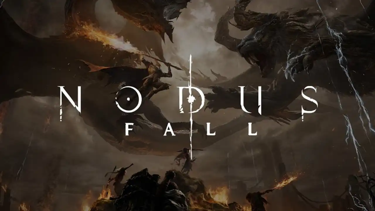 Nodusfall key art showing warriors surrounded by enormous fantasy creatures, fire and lightning.