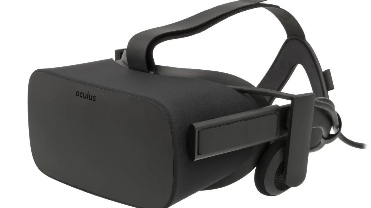 Black Oculus Rift CV1 virtual reality headset on a white background.