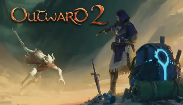 Outward 2 artwork showing an adventurer, creature, backpack, and fantasy landscape.